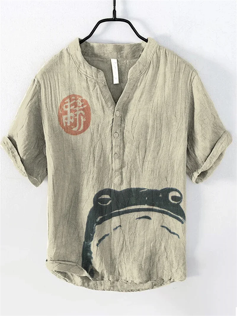 Men's casual fashion outdoor seaside men's top shirt V-neck linen blend shirt new plus size