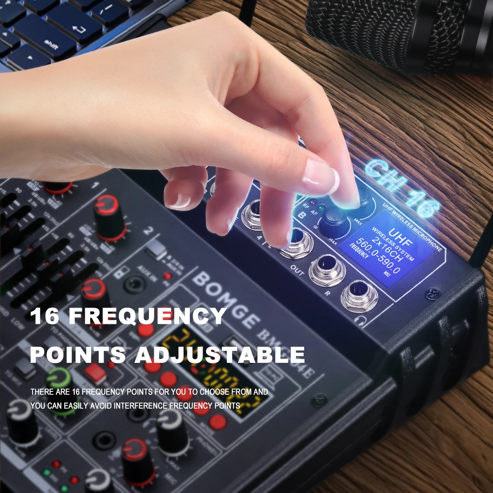 BOMGE 04E karaoke Audio mixer 4 Channel Sound Mixer With Dual UHF Wireless Mic DJ Mixing for Party Computer Studio Recording audio mixer audio interface