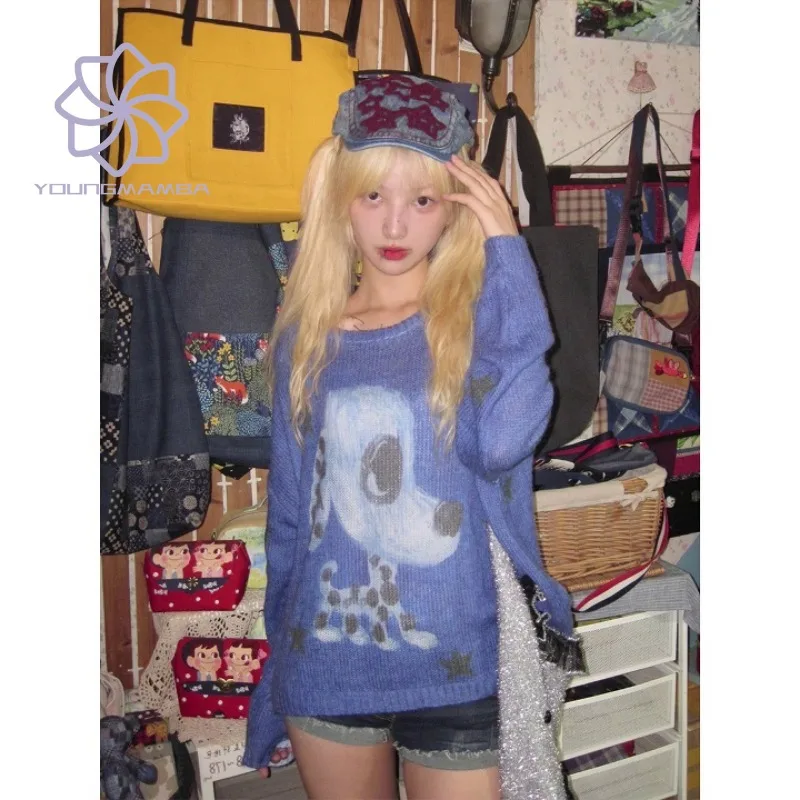 

American Retro Spicy Girls Cartoon Printed Knitwear Women's Autumn Loose Casual Pullovers Female Sweater Tops