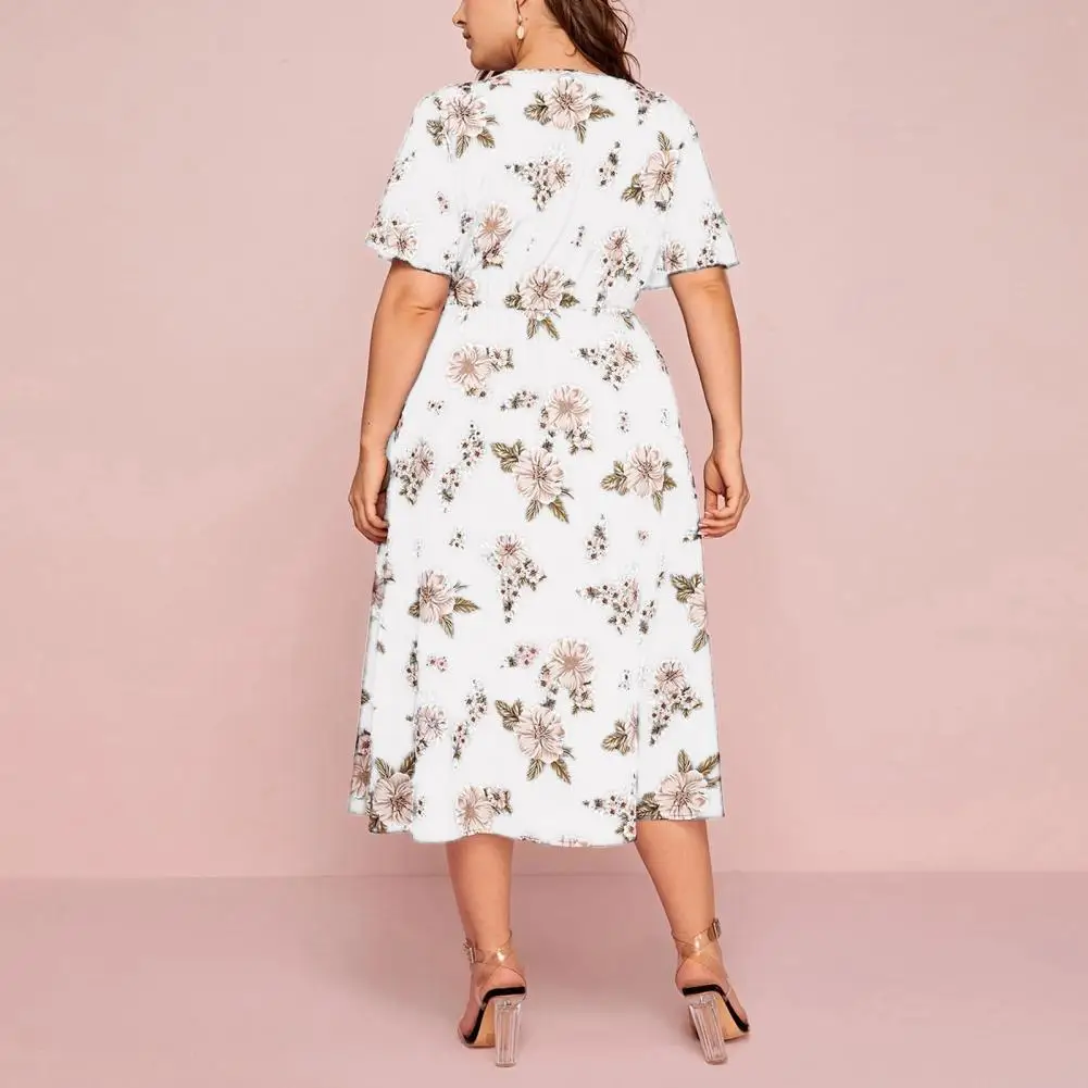 Women Midi Dress Large Hem Flower Printed Loose Split Short Sleeve Dress-up V Neck Tight Waist Plus Size Lady Dress Female Cloth