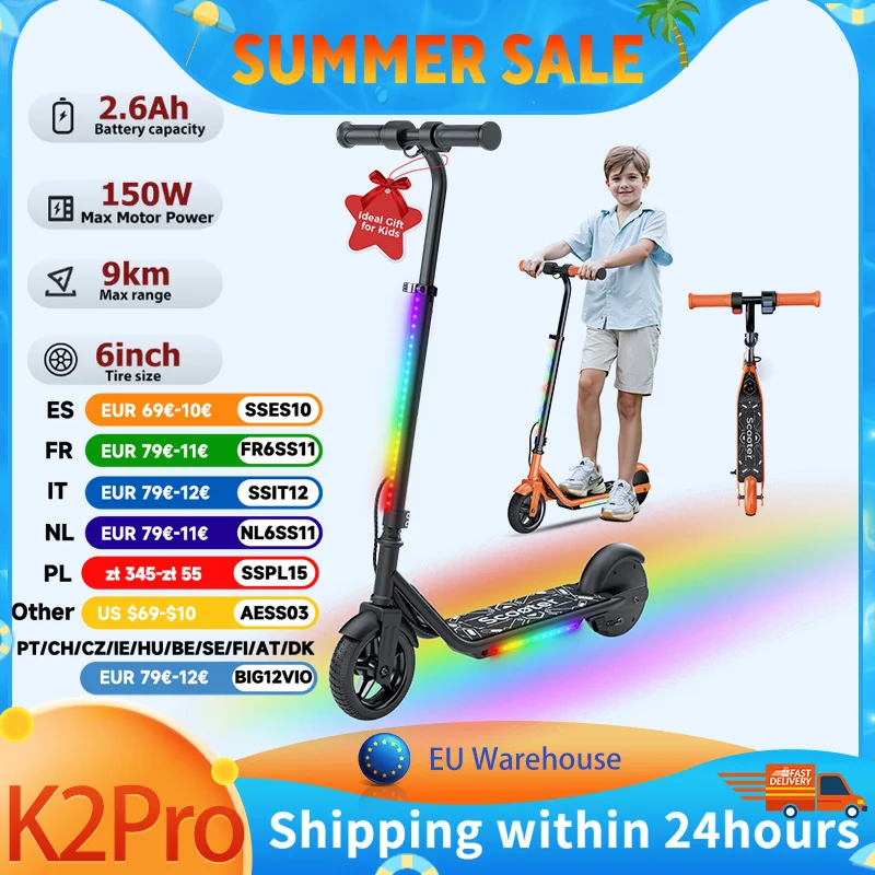 Trottinette électrique pour enfants K2Pro, moteur 150W, pneus de 6 pouces, batterie 18V, vitesse maximale 16km, portée 6-9km, Orange, noir, 3 vitesses avec LED 1 Trottinette électrique pour enfants K2Pro, moteur 150W, pneus de 6 pouces, batterie 18V, vitesse maximale 16km, portée 6-9km, Orange, noir, 3 vitesses avec LED 1