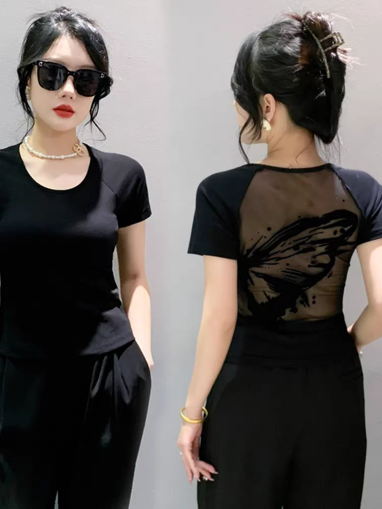 

Хлопковая футболка, женские эластичные топы с круглым вырезом, черные футболки для девочек, летние заплатки, флокирующие прозрачные сетчатые футболки на спине