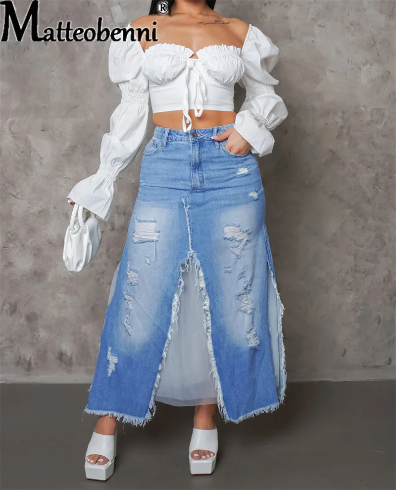 

Fashion Jeans Shape Split Skirt Female 2023 Summer Trend Broken Holes Half Body Dress Pocket Women's Clothing Casual Streetwear
