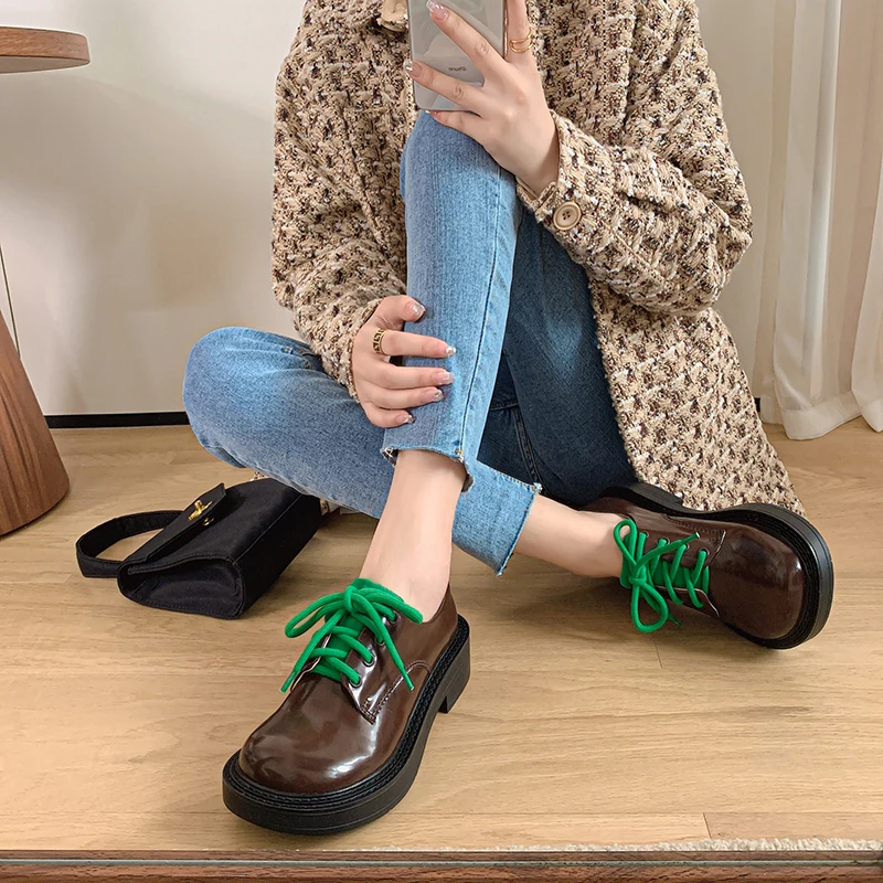 

Ranbetty Platform Loafers for Women Flats Shoes Chunky Heels Shoes Genuine Leather Round Toe Ladies Casual Shoes College Style