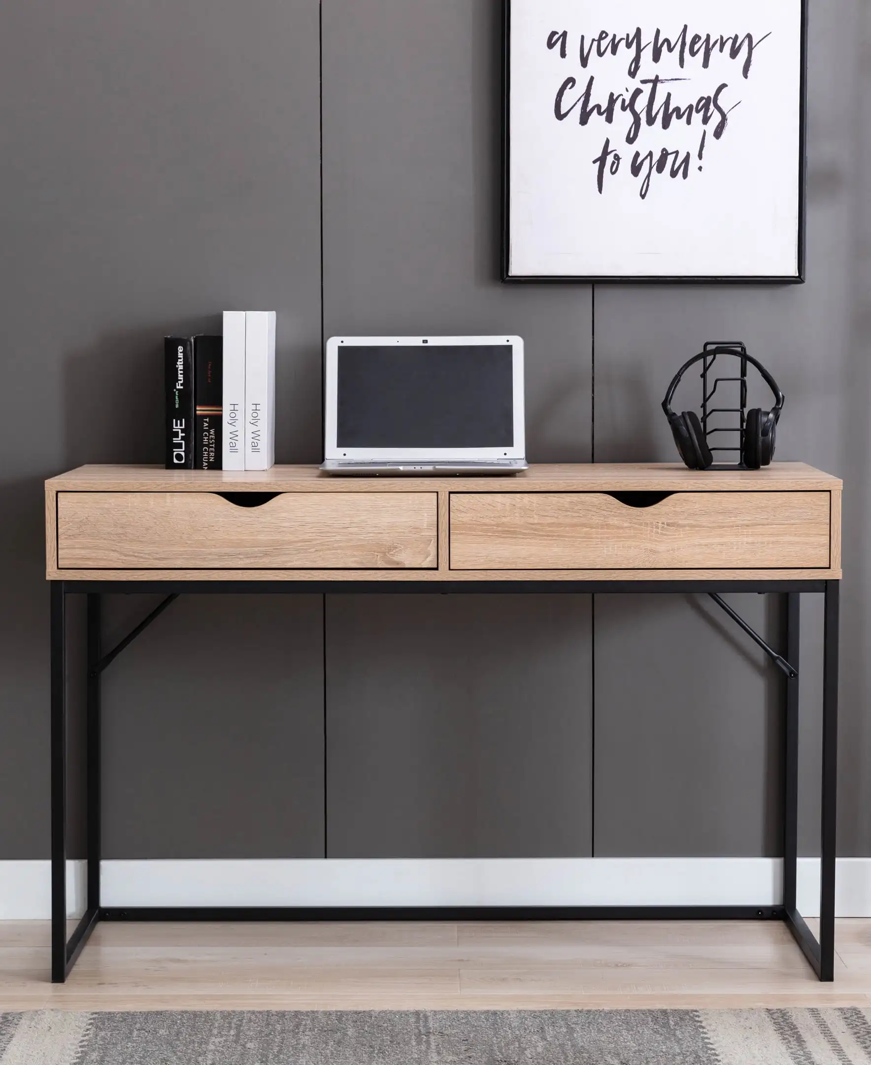 Morgan Writing Desk in Brown/white/Gray Simple Modern Rectangular Computer Desk with 2 Large Drawers for Bedroom, Home Office