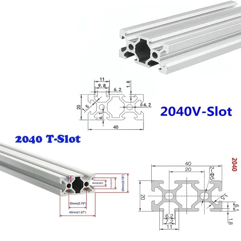 2040 V/T-Slot Aluminum Profile Extrusion 20x40mm 100 200 300 400 500-1000mm Aluminum Extrusion Rail for DIY 3D Printer CNC 1Pcs