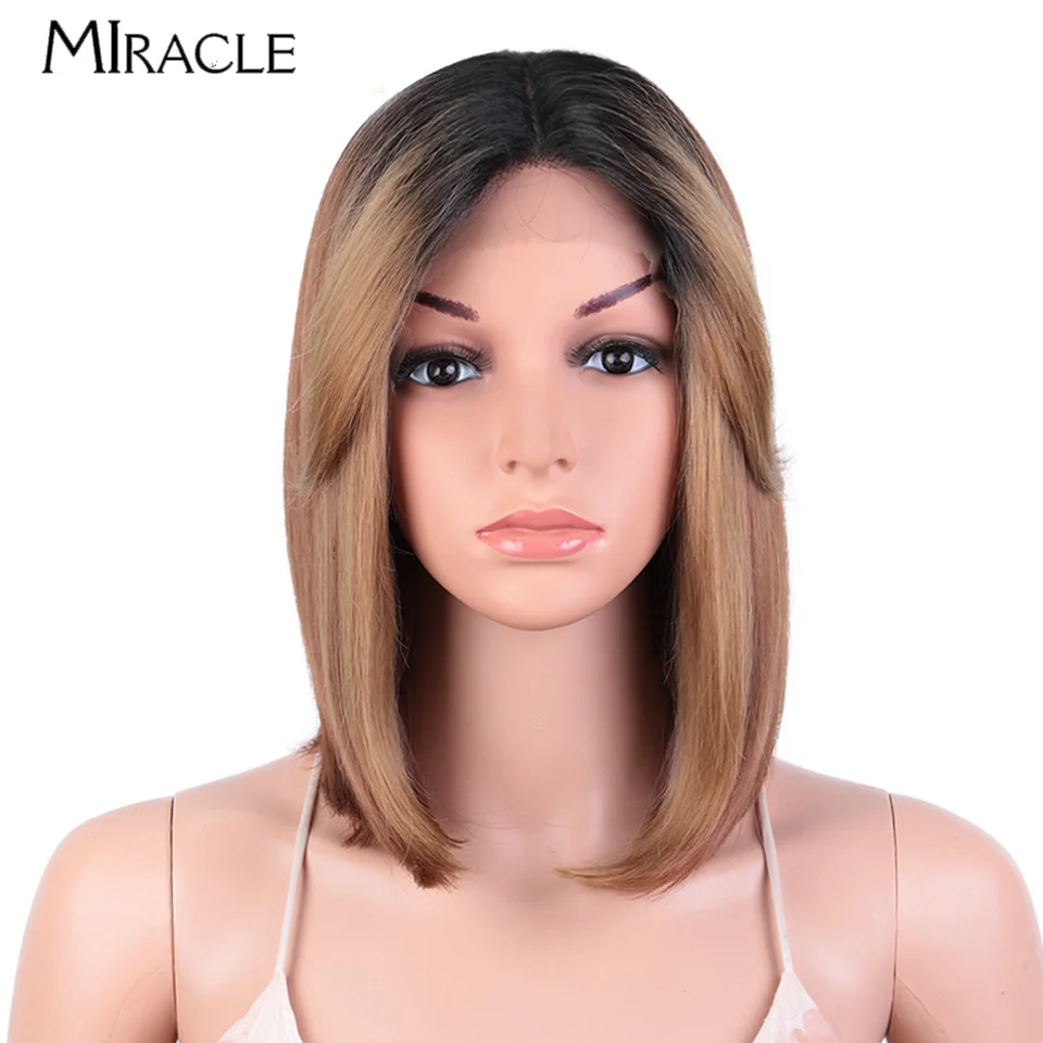 

MIRACLE Short Straight Bob Wigs Synthetic Lace Front Wig for Women 12'' Cosplay Wigs with Bangs Ombre Blue Blonde Frontal Wig