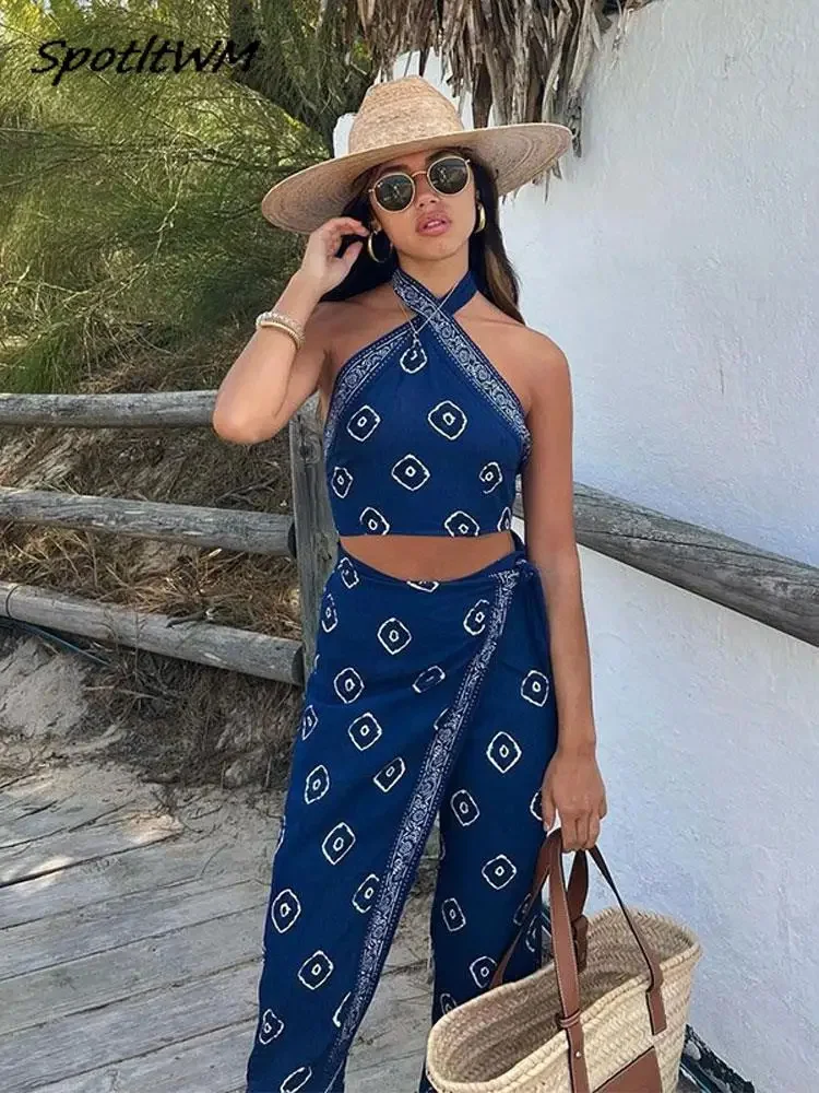 

2023 Summer Women's Pants 2 Pieces Set Female Backless Tank Tops And Printed Loose Trousers Lady Trousers Strtwear Suit
