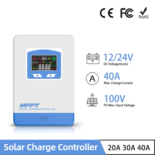 Contrôleur de Charge solaire Mppt 40A 30A 20A, entrée PV 100VDC 60VDC, régulateur solaire 12V 24V, écran LCD automatique, GEL LiFePo4 1