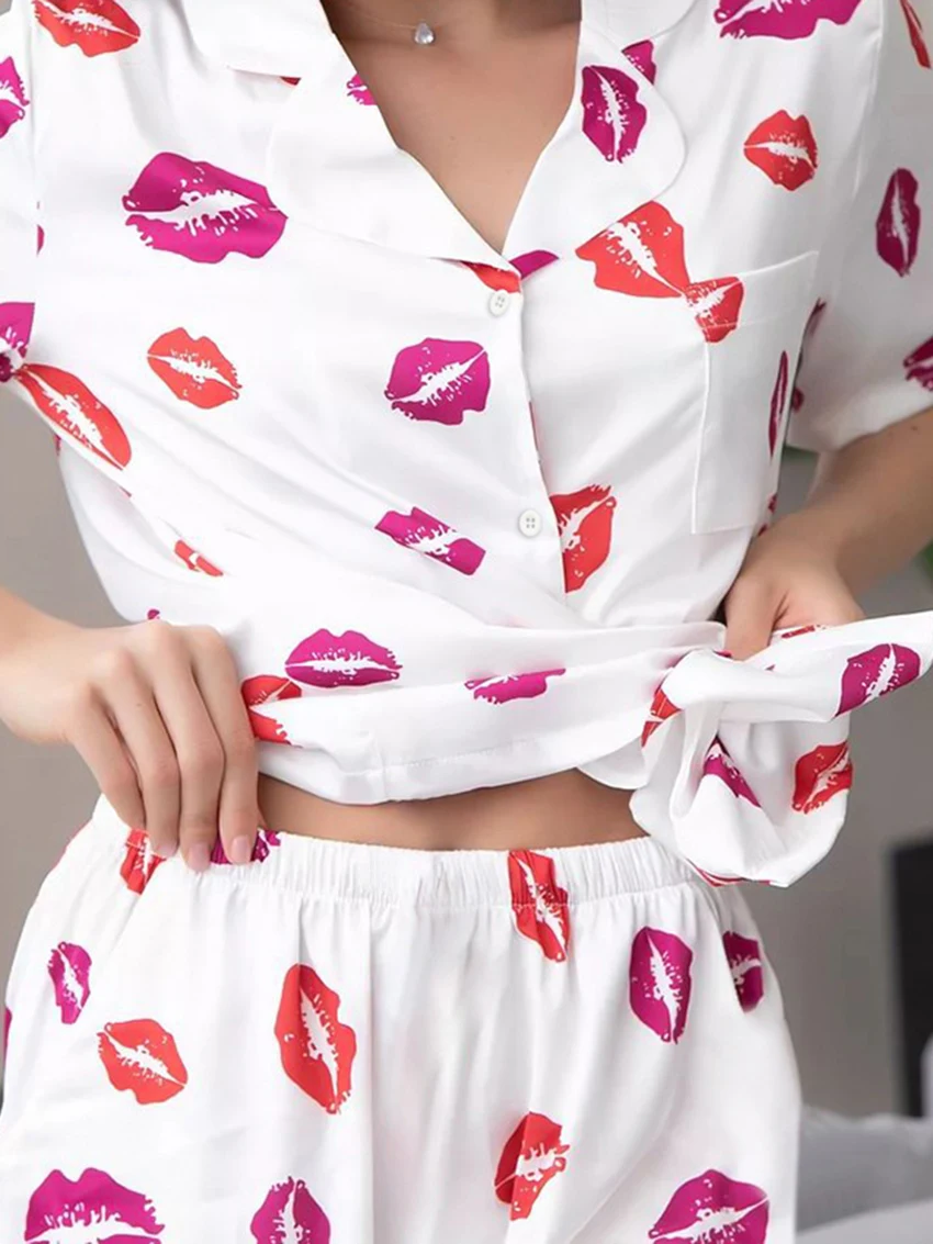 Marthaqiqi Loose Ladies Sleepwear 2 Piece Suit Turn-Down Collar Pajama Short Sleeve Nightwear Shorts Casual Printing Nightie Set