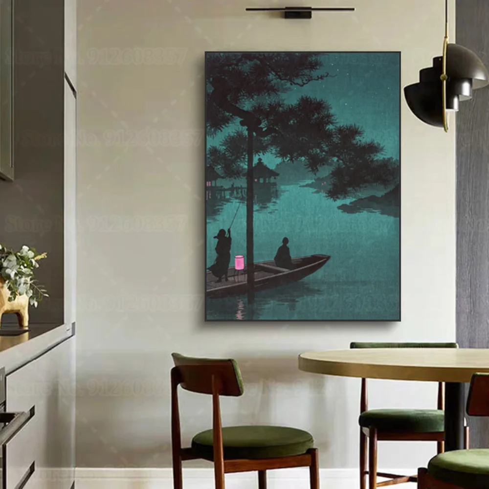 Giapponese Vintage Ukiyo-E Art Print Lake Night Boat Landscape Lanterns Stars Canvas Painting Wall Art Decor
