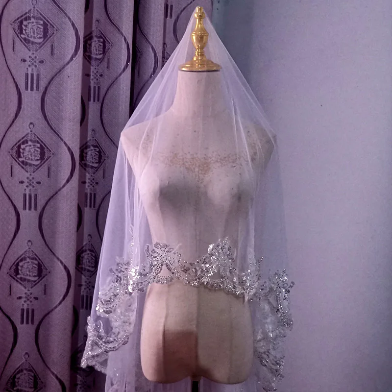 Sequin Full Lace Silver Edge Veil Bride Wedding 1.5 meters Wide Cathedral Wedding Accessories No Comb Custom Made Veil bridal veil catholic church veil