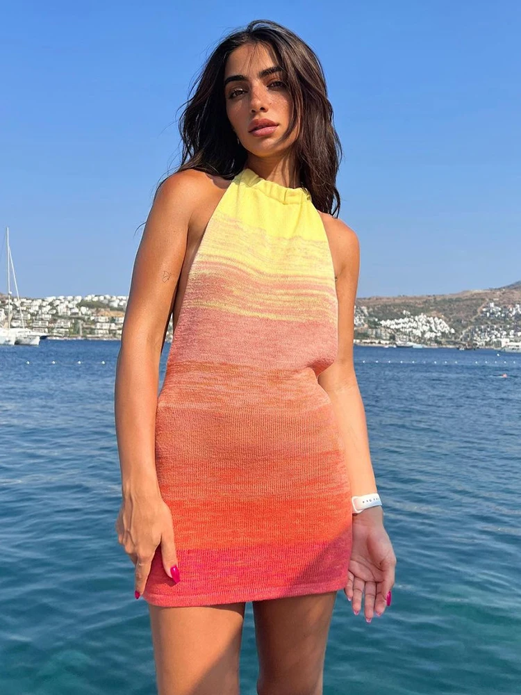 2025 Summer Dress For Women Knitting Halter Sleeveless Bodycon Mini Dresses Y2K Sexy Backless Boho Beach Dress Short