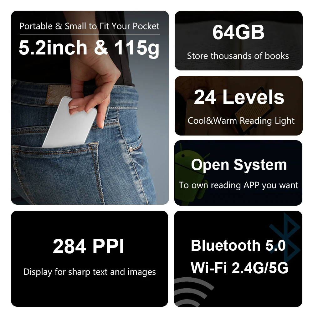 Moaan InkPalm 5 Mini Pro 5.2Inch E-ink Ebook Ereader Ebook Reader 64GB Android 8.1 284PPI Screen Tablet Smart Electronic Book