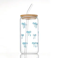 Pink Bow 500ml Glass Tumbler with Lid and Straw - Cute Cup (Black)