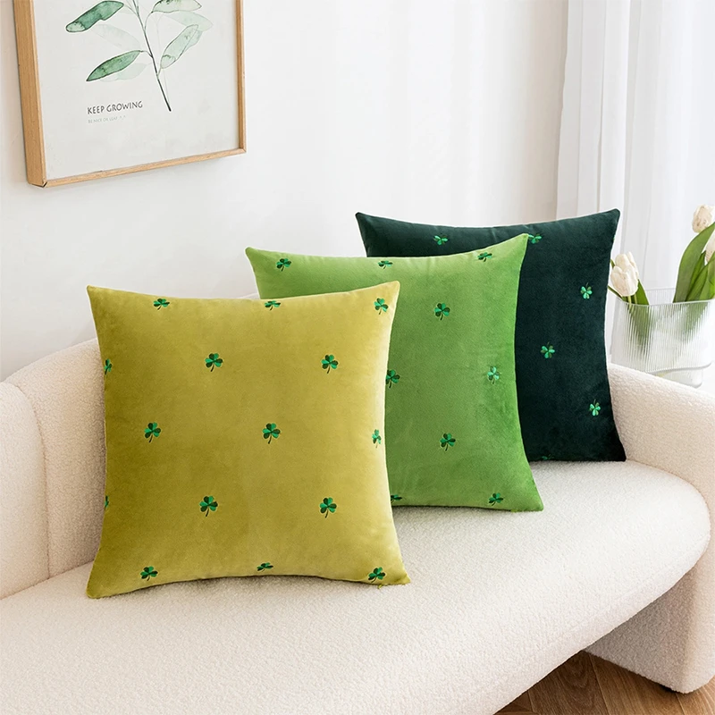 

Nordic Simple Style Velvet Cushion Cover Embroidery Four Leaves Grass Green Decorative Pillows Home Office Sofa Waist Pillowcase