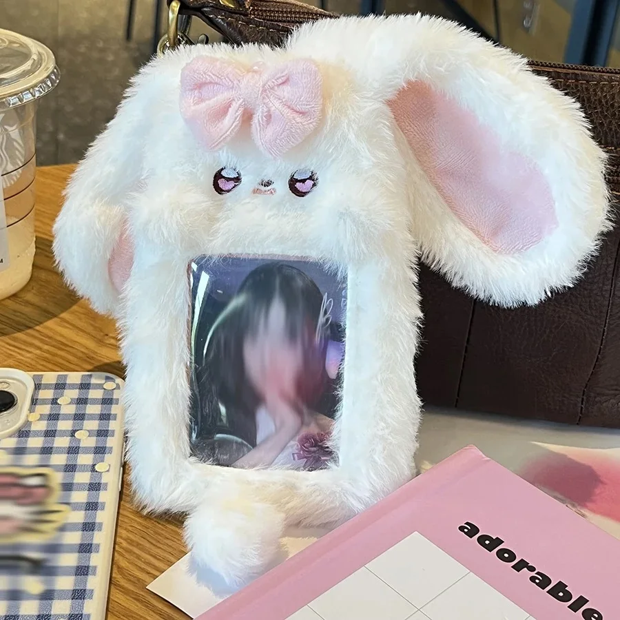 Pink Black Bunny Photocard Holder Fluffy Plush Card Holder Bus Card Sleeve Id Bank Credit Protector Bag Student Stationery