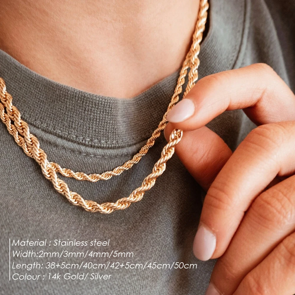 Stainless Steel Necklace Choker Necklace Metal Necklace 2/3/4/5MM 316 Rope Chain Necklace Stainless Steel Never Fade Waterproof Choker Men Women Jewelry Gold Color Chains