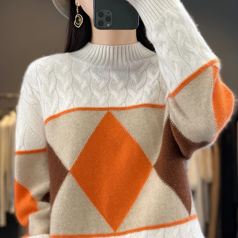 

Autumn and Winter New Half High Neck Knitted Cashmere Sweater Women's Contrast Jacquard Sweater Loose 100% Woolen Pullover