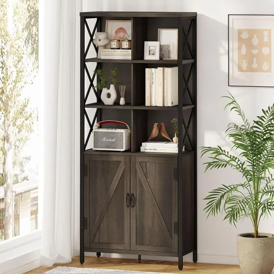 

FATORRI Rustic Bookcase with Doors, Industrial Wood Bookshelf with Cabinet, Tall Cubby Storage Book Shelf and Cube Organizer