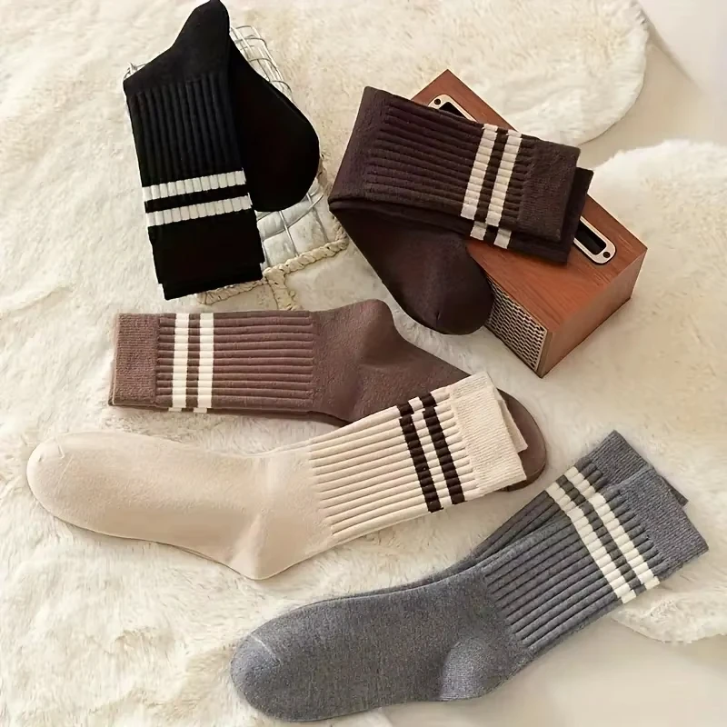 Trendy Striped Crew Socks Women's JK Fashion Socks Sports Daily Wear Cute Fall Winter Collection 5 Pairs Pack