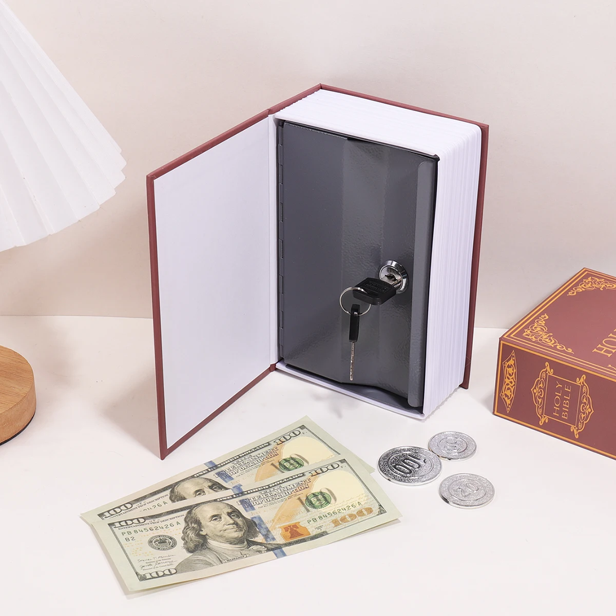 Hucha con forma de libro simulado, caja fuerte con llave, adorno vintage para el hogar, caja fuerte, regalo para ahorrar_voghion.com