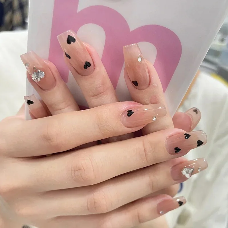 

24Pcs Black Love Heart Fake Nails Gifts for Girl Press On Nails Short Coffin Head Manicure Tool Nail With Jelly Gel Finished