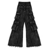 American Vintage Gothic Black Y2K Washed Multi-Pocket Spliced Raw Edge Jeans Mens Loose Street Trend Hip Hop Rap Wide Leg Pants 3