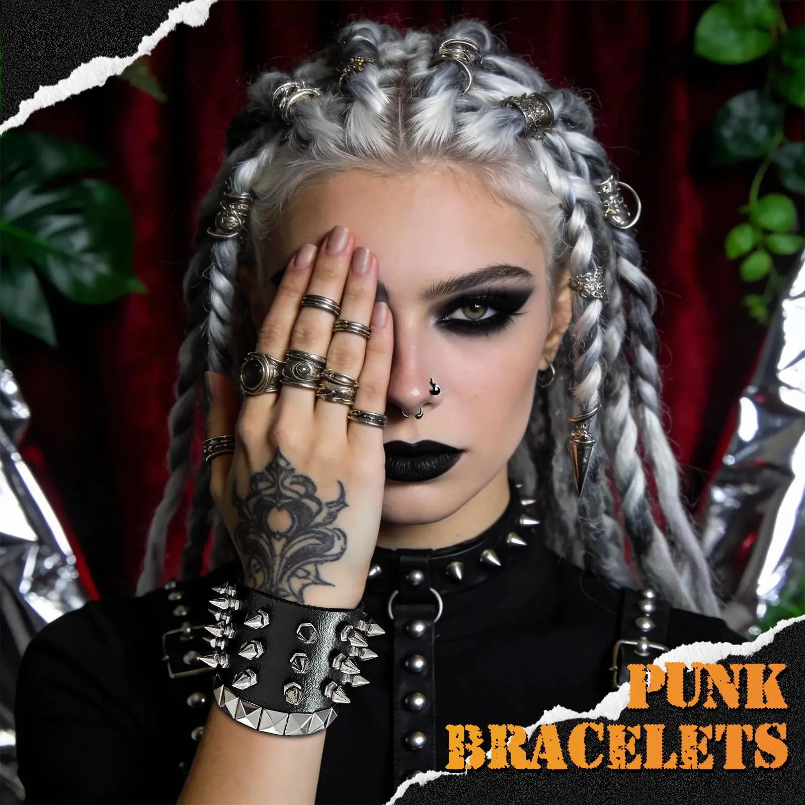 4Pcs Punk Leather Bracelet Set Spiked Studded Chain Rivets Black Cuff Adjustable Gothic Rock Biker Wristband Jewelry Men & Women