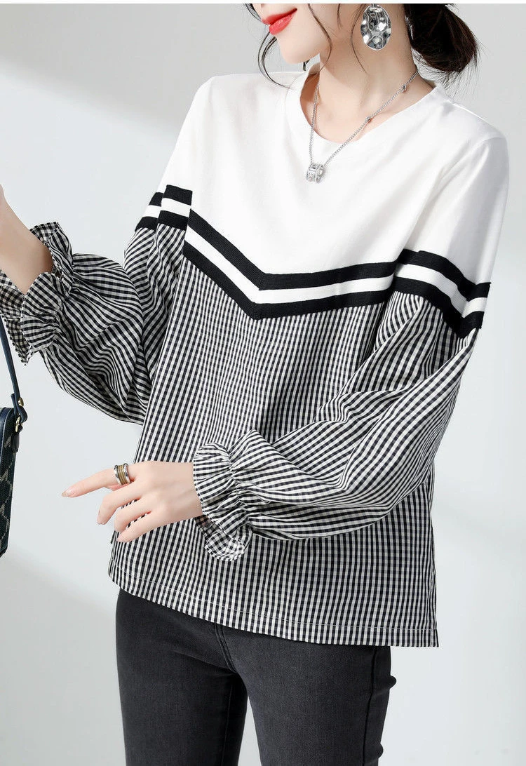 2022 Spring Autumn Sweatshirt Women Lattice Patchwork Long Sleeve Sweatshirt Fashion Simple Contrast Color Loose Clothes