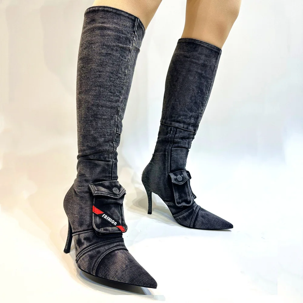 

Cowboy Boots Fashion Pointed High Heels Washed Retro Back Zipper Women's European and American Cross Border Large Tall Boots