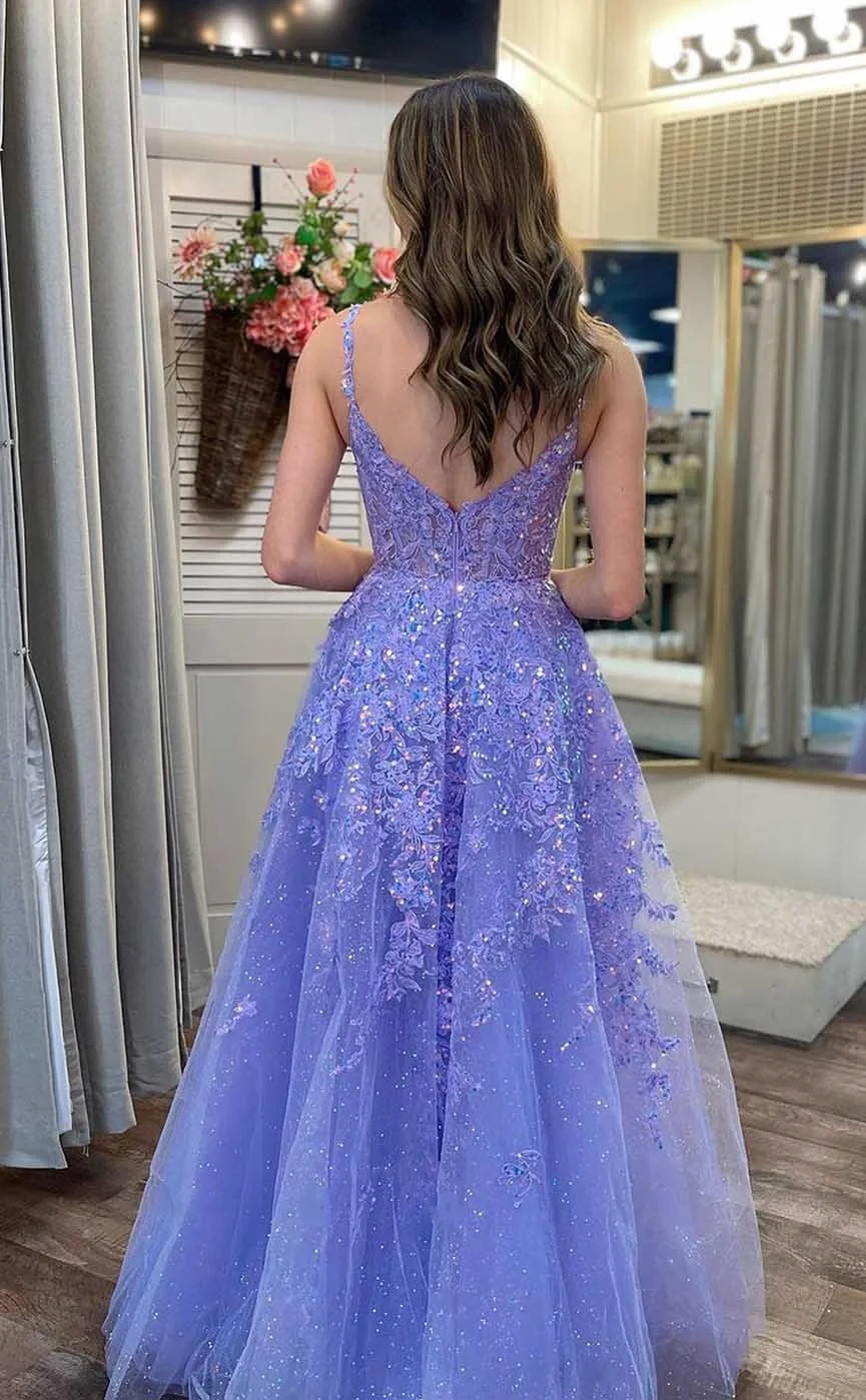 Sparkly Lavender Tulle Long Evening Dresses With Pockets Spaghetti Straps High Slit Appliques Prom Dress Elegant Homecoming Gown