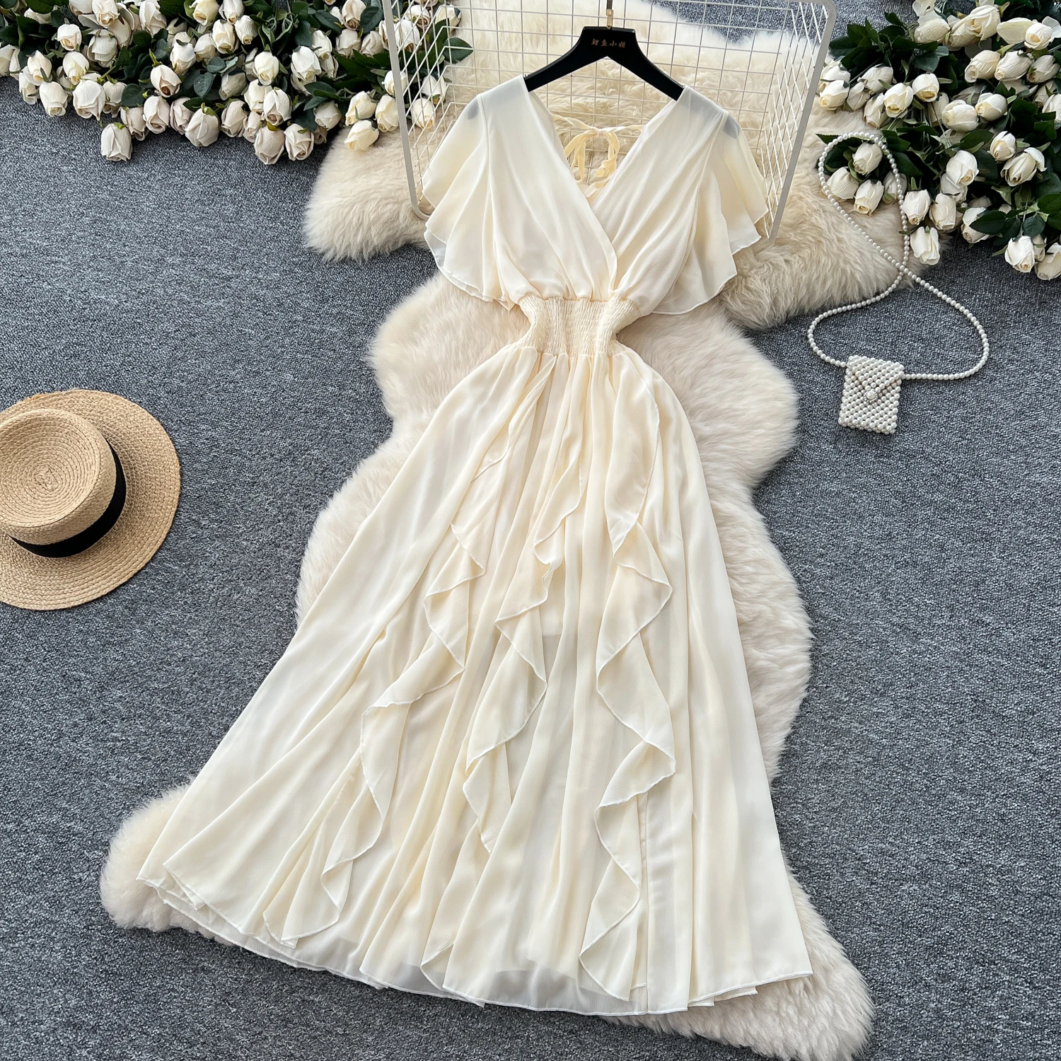Elegant Criss-Cross chiffon short sleeve Vintage Chic Slim Ball Gown Dresses French Evening High Street Clothing
