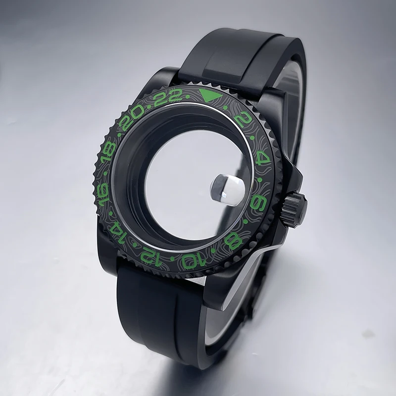 All-Black Sub Style Watch Case with Rubber Strap and Sapphire Crystal
