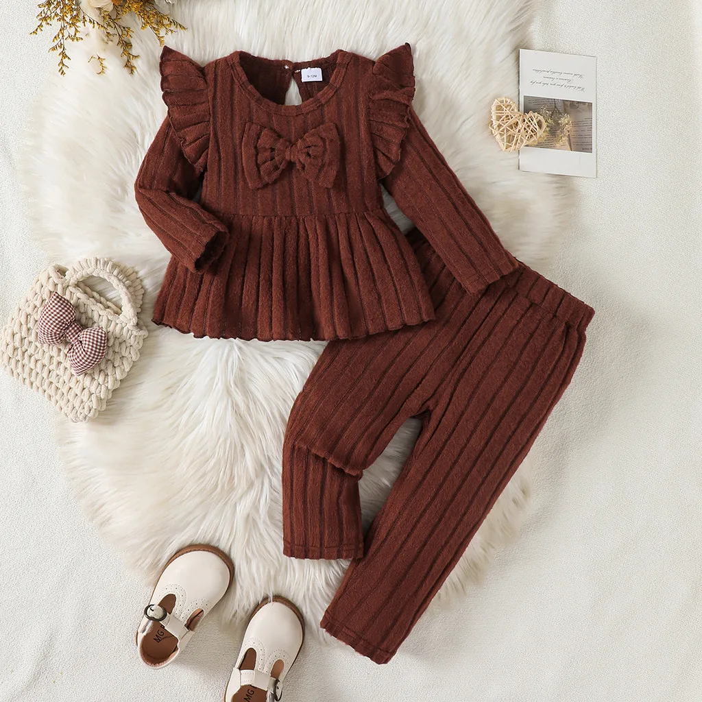 Fashions Costume for Toddler Girl 0-3Years Soft&Cozy Long-sleeved Top with Bow+Pants 2 PCS Korean Style Autumn Clothes Outfits 1