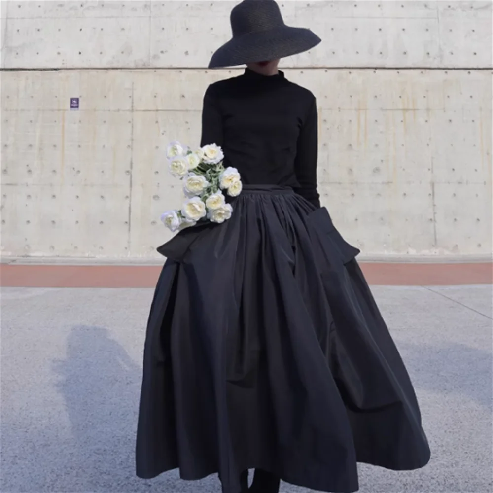 

Retro black high-waisted umbrella skirt women long swinging skirt