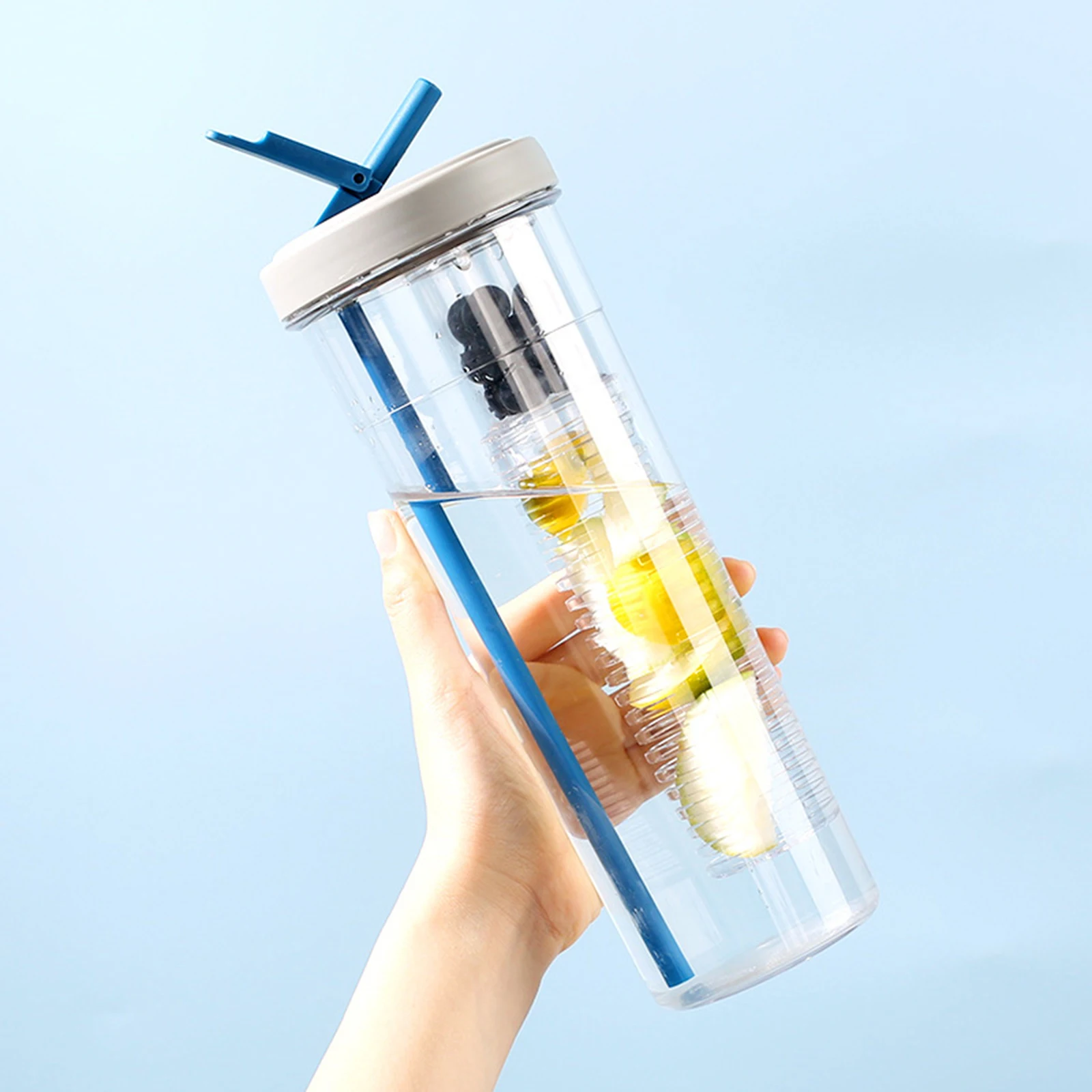 800ml Fruit Infuser Water Bottles Foldable Straw Separate Lemon Juice