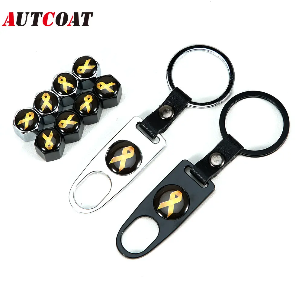 

Yellow Ribbon Style Anti-theft Emblem Auto Car Wheel Tire Air Leather buckle Valve Caps With Wrench Zinc Alloy Stem Dust Cover