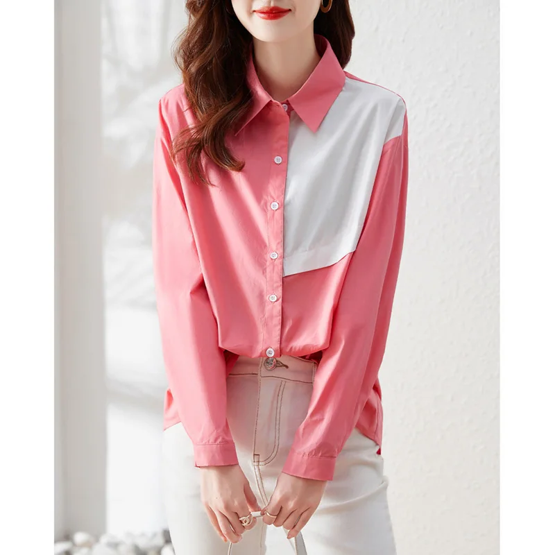 

Fashion Lapel Spliced Long Sleeve Button Loose Shirt 2022 Summer and Autumn New Commute Tops Casual Women's Clothing Blouse