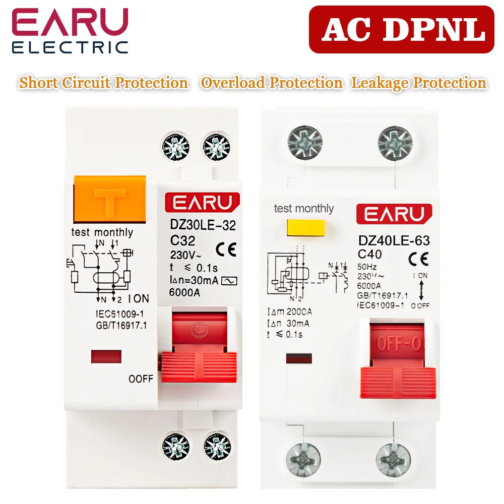 DZ30L DZ40LE EPNL DPNL 230V 1P+N Residual Current Circuit Breaker With Over And Short Current Leakage Protection RCBO MCB 6-63A