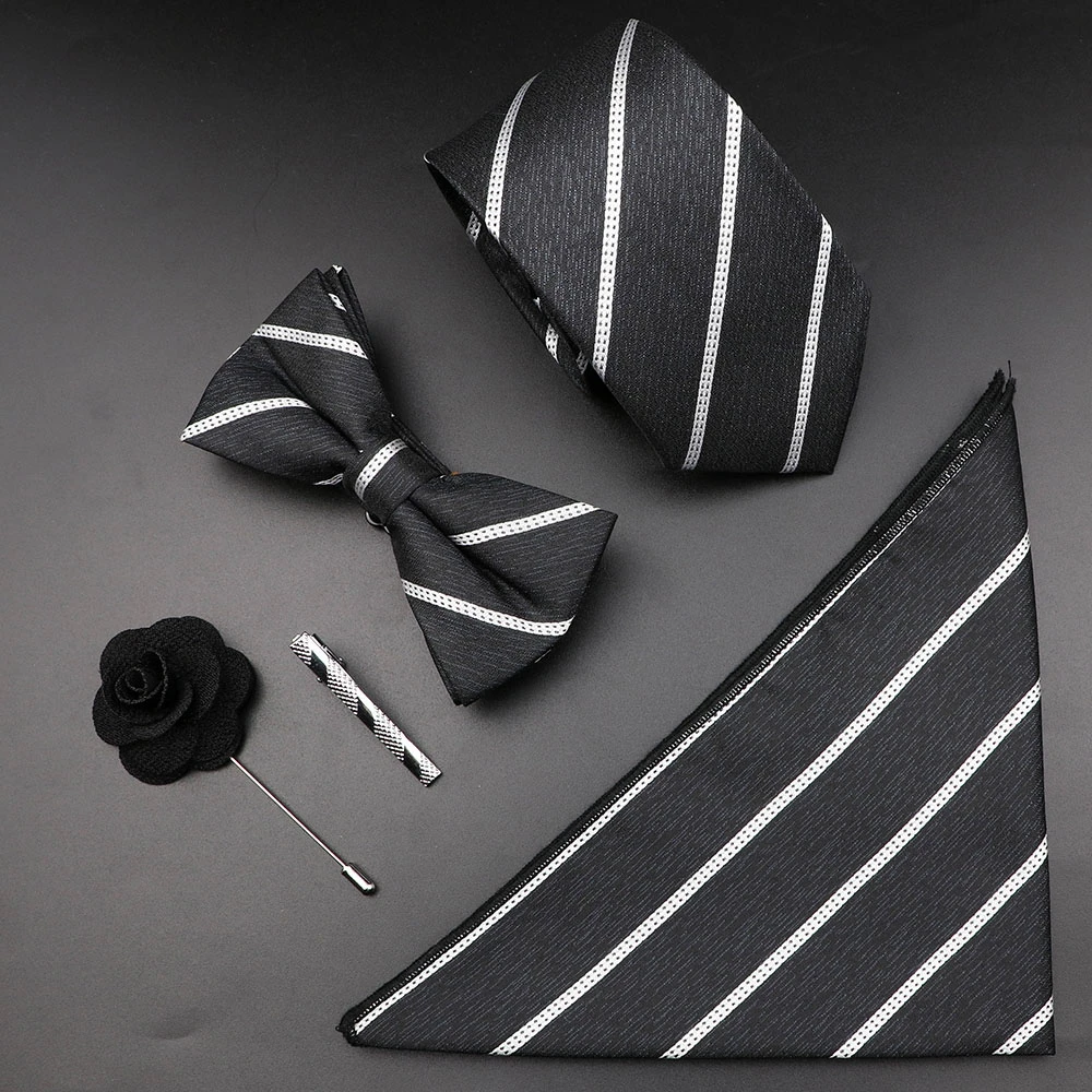 New Striped Men Tie Set Polyester Plaid Jacquard Woven Necktie Bowtie