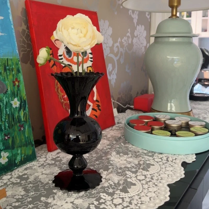 Black Tall-Stemmed Glass Vase – French Classical Hydroponic Flower Arrangement Vase, Artisan Craft Home Decor Piece 4