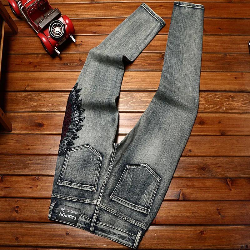 New Embroidered Perforated Light Luxury High end Jeans Men Elastic Fashion Brand Slim Fit Fashion High Street Casual Denim Pants 5