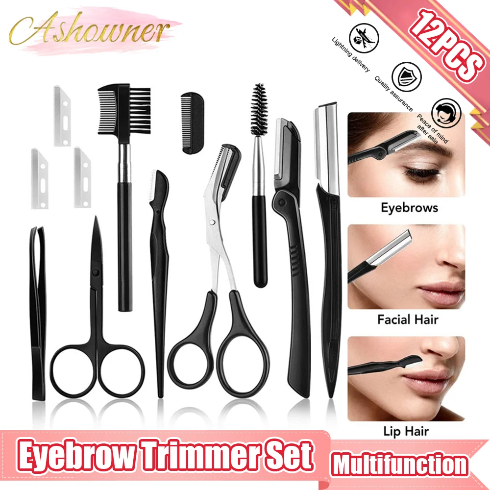 12pcs Eyebrow Trimmer Set Scissors Tweezers Eyebrow Razor Scraping