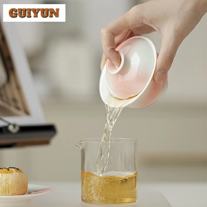 130ml Grapefruit Jasmine Ceramic Sancai Gaiwan Aesthetic Gradual Color Tea Tureen Tea Maker Cover Bowl Ceremony Decoration