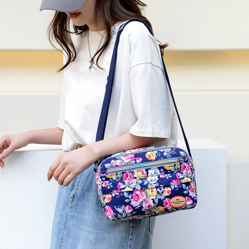 Casual Retro Nylon Shoulder Bag Multi Layered Floral Print Mother Handbag Women's Fashion Vintage Flower Crossbody Bags