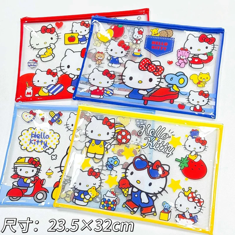 4pcs Kawaii Kitty 3 색 문서 보관 지퍼 가방 대용량 학생 문구 시험지 그리드 가방 선물
