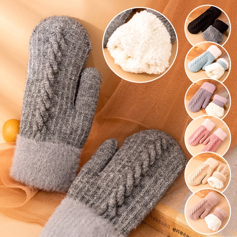 

Winter Knit Thickening Warm Gloves Women Fashion Knit Twist Flowers Mittens Female Wool Plus Cashmere Velvet Full Finger Gloves