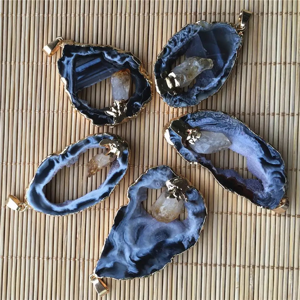 Wholesale 4PCS Geode Agates Slice Pendants Inlaid Natural Citrines Point Irregular Shape Stone Elegant Quartzs Jewelry Making