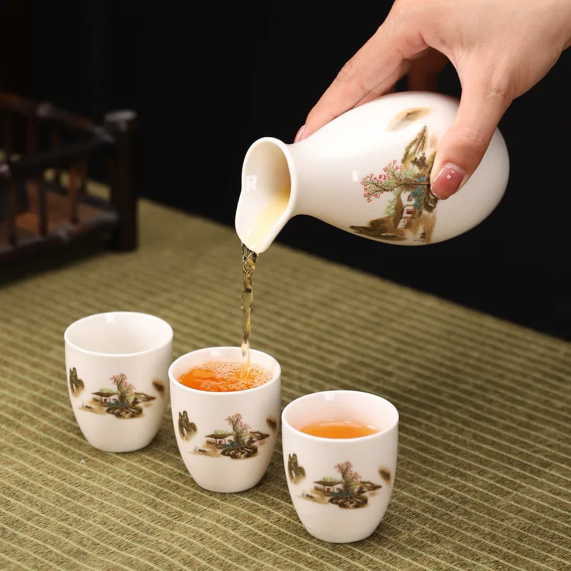 Japanese Sake Wine Warmer 1 Pot 6Cups Ceramic Wineware Cherry Blossom Pattern Sake Pot Yellow Wine Cup Elegant Gift
